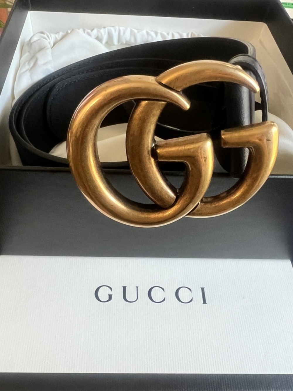 Gucci Gold GG Marmont Black Leather Belt with Dust Bag